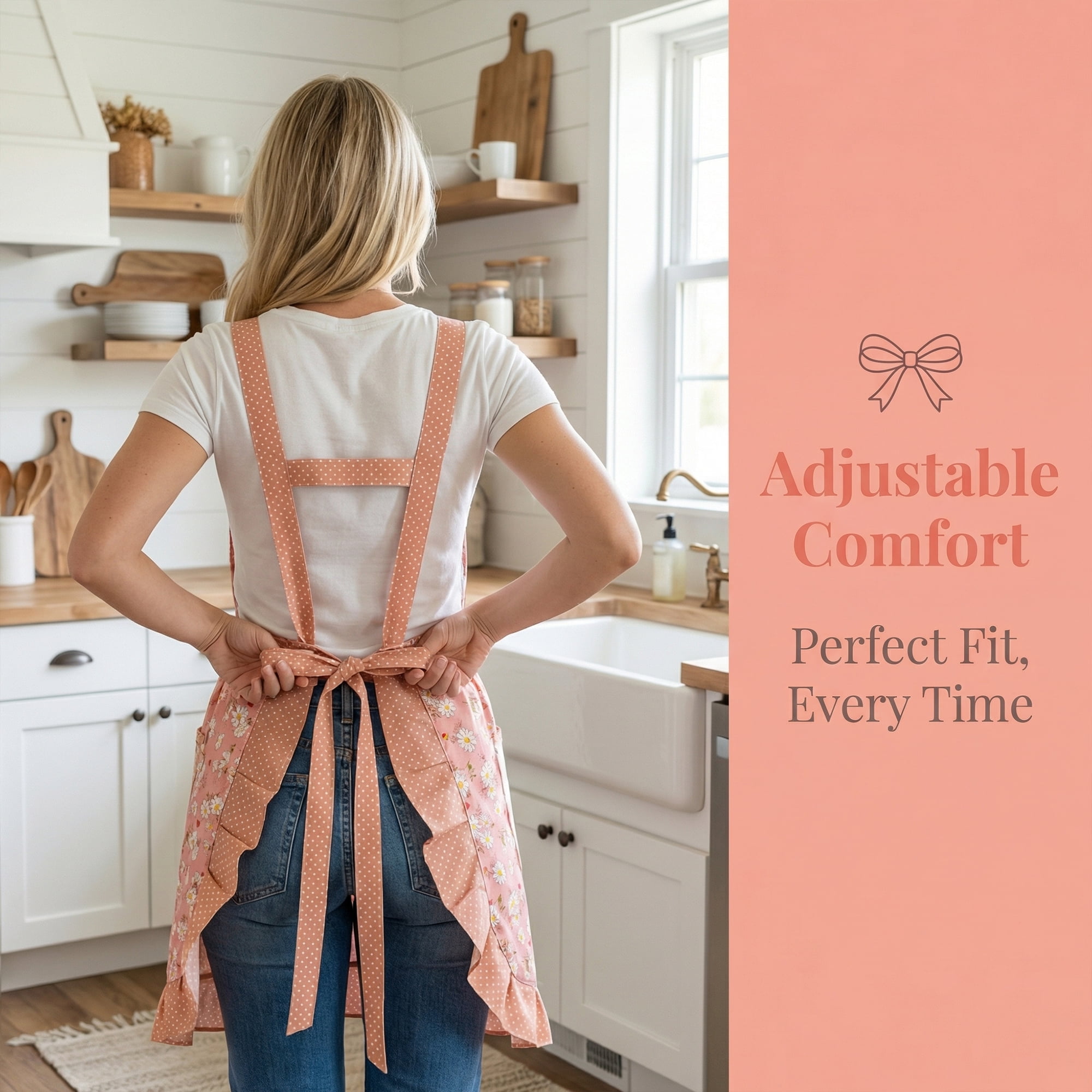 Unique Bargains Durable Floral Kitchen Apron with Pockets and Adjustable Tie Light Pink