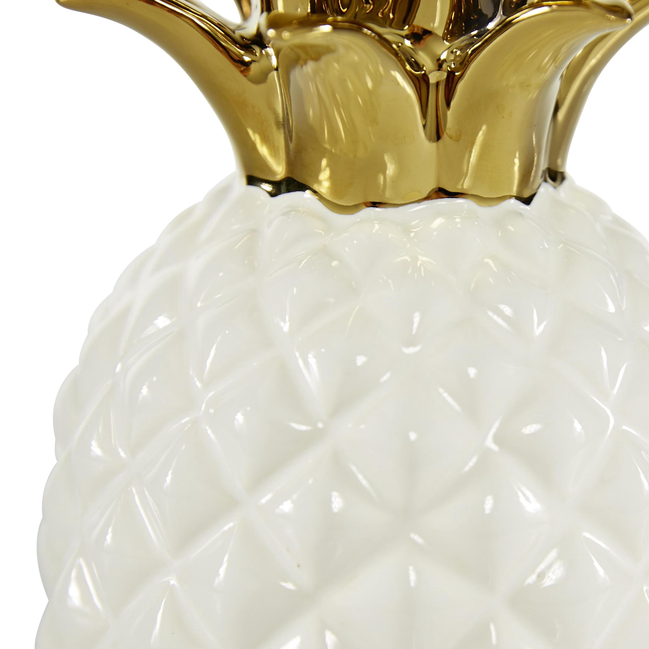 4" x 10" White Porcelain Ceramic Faceted Pineapple Fruit Sculpture with Gold Leaves, by CosmoLiving by Cosmopolitan