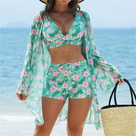 Rciityk Green 3 Piece Bikini Sets for Women High Waist Tummys control Swimsuits Tropical Print Board Shorts Bathing Suit with Beach Long Sleeve Cover Up - Spring/Summer Savings Clearance