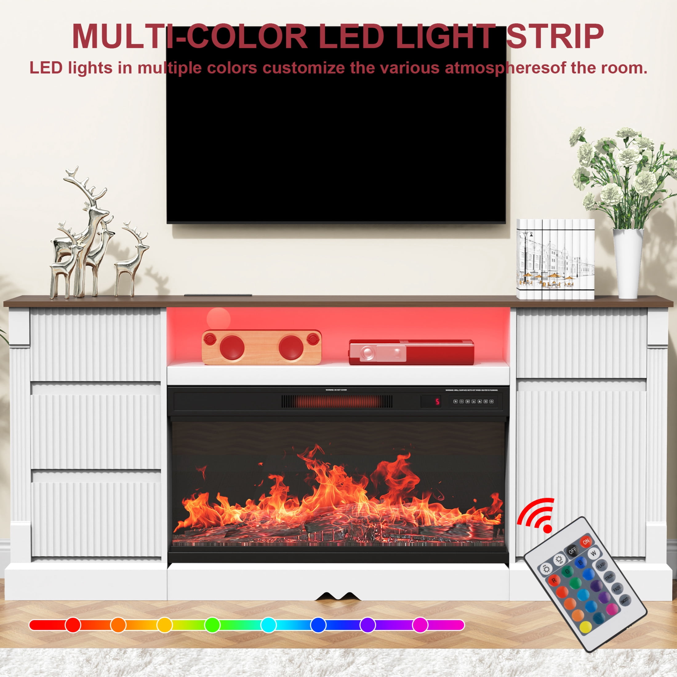 Noble House Modern 70" Glass TV Stand with 3-Sided Electric Fireplace, LED Lights and Storage, TVs up to 80", White