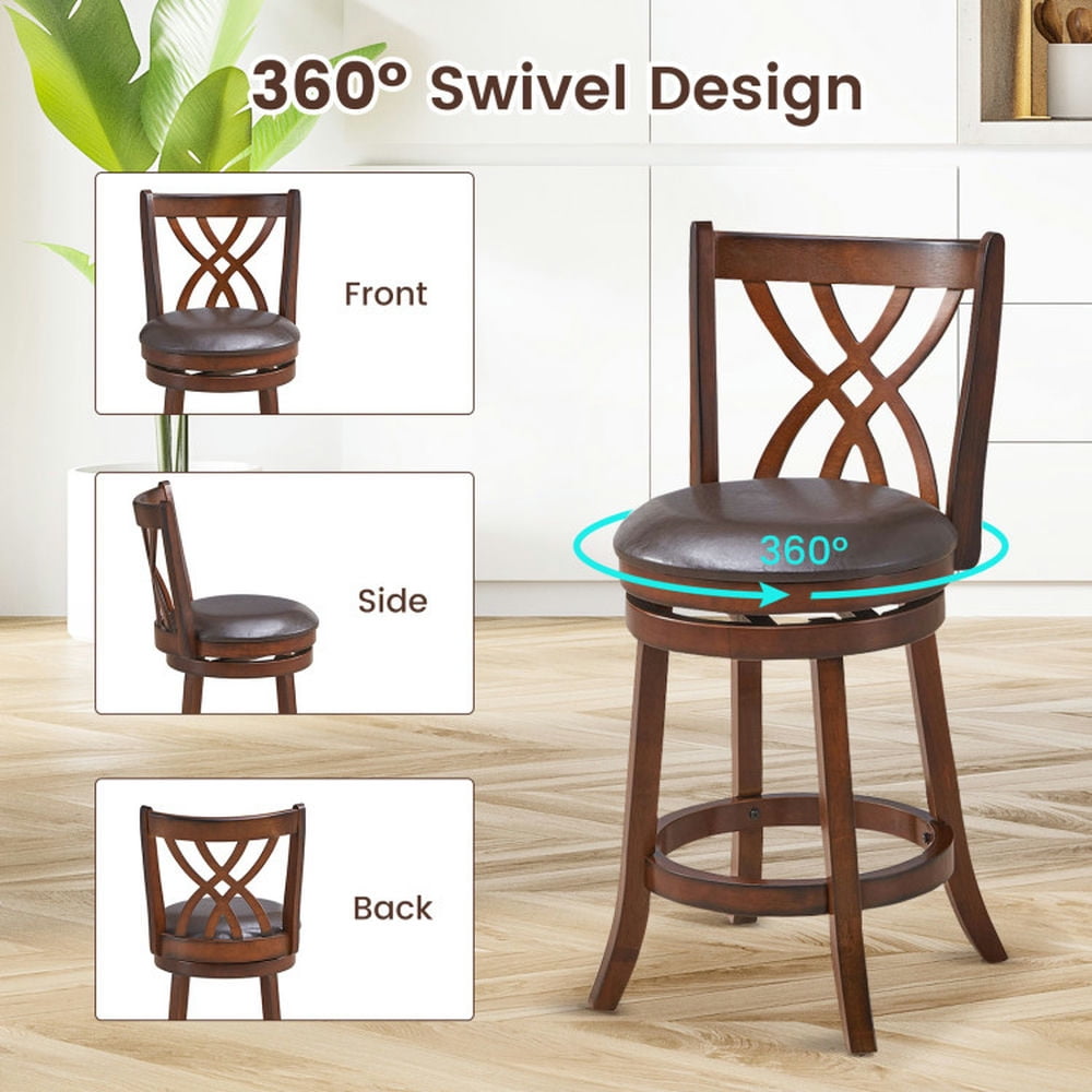 Demi Bonn 360° Swivel Counter Height Bar Stools with PU Leather Cushioned Seat and Footrests, 26" Modern Dining Chair with Backrests, Brown