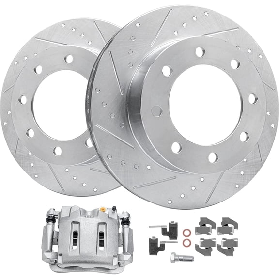 Detroit Axle - Front Drilled Brake Rotors Passenger Side Brake Caliper for Ford F-250 F-350 Super Duty Replacement - 3pc Set
