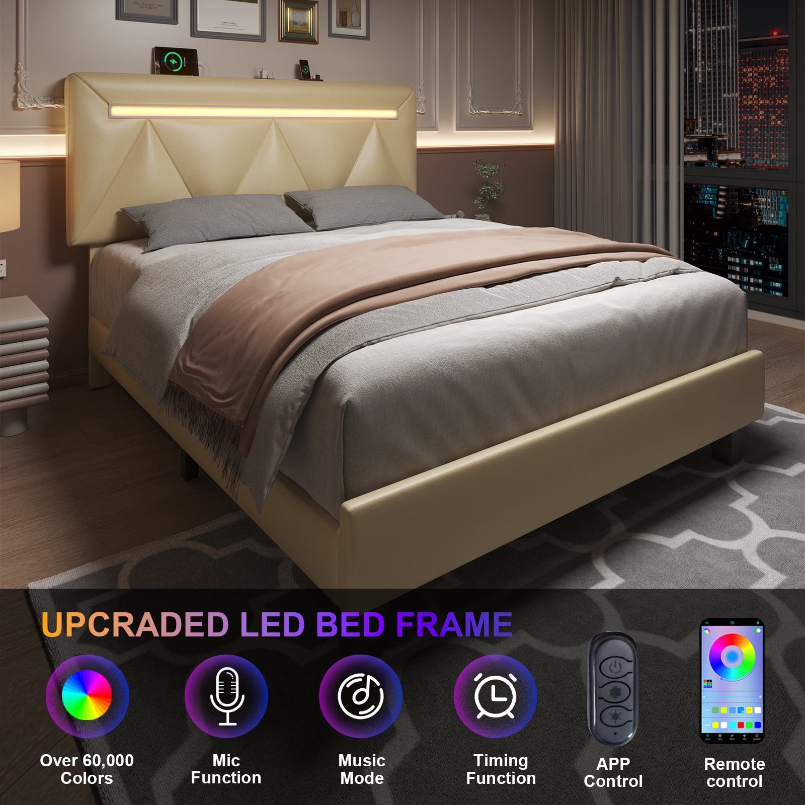 Holiway Full Upholstered Bed Frame with Adjustable Headboard, LED Bed Frame with Charging Station, Beige
