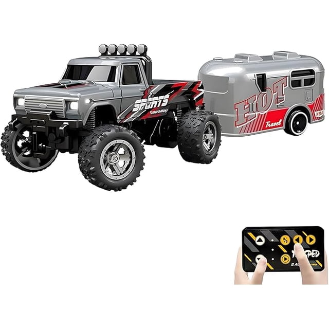 Mini RC Monster Truck, 1/64 Scale Rc Monster Truck, Rc Semi Trucks with Trailer & Remote Control, 3-Speed Speed/Steering Adjustable & Rechargeable