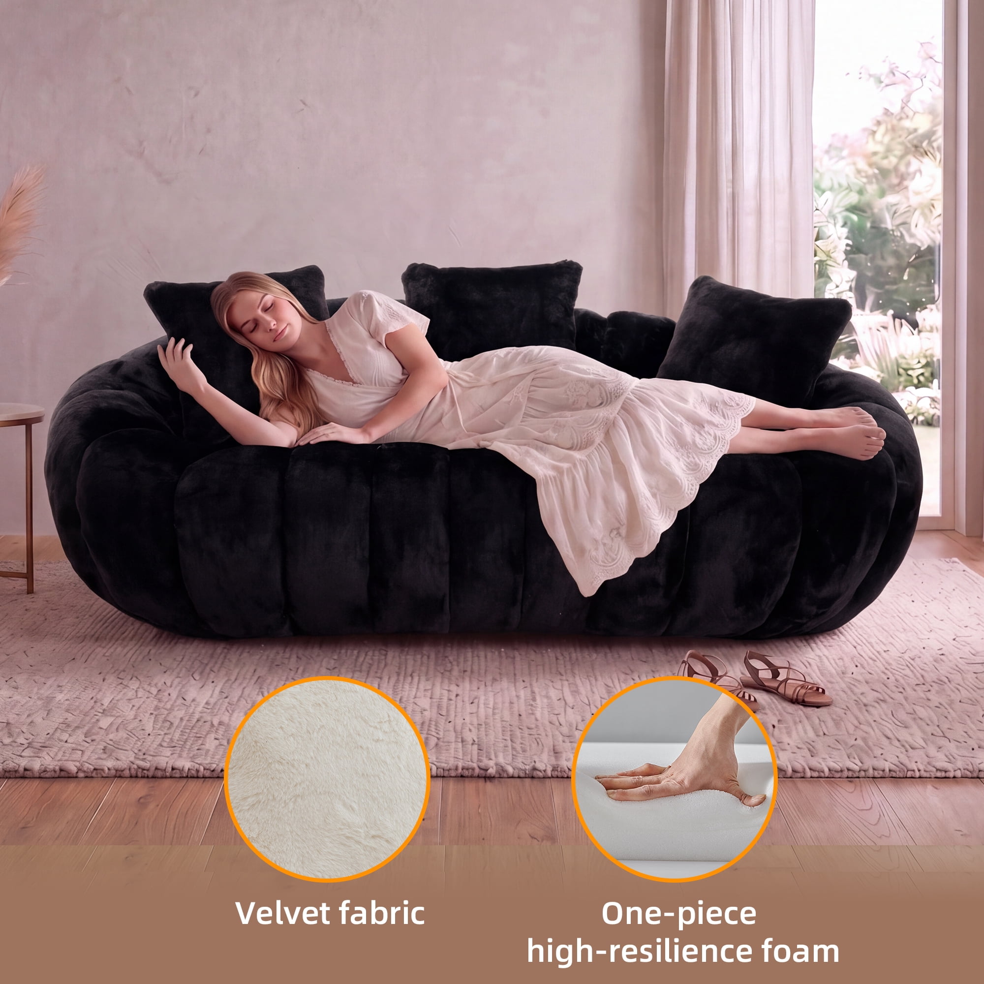 Floral-Shaped Ultra-Soft Faux Fur Sofa, Large Living Room Loveseat for 2 People with High-Density Shredded Foam, Black