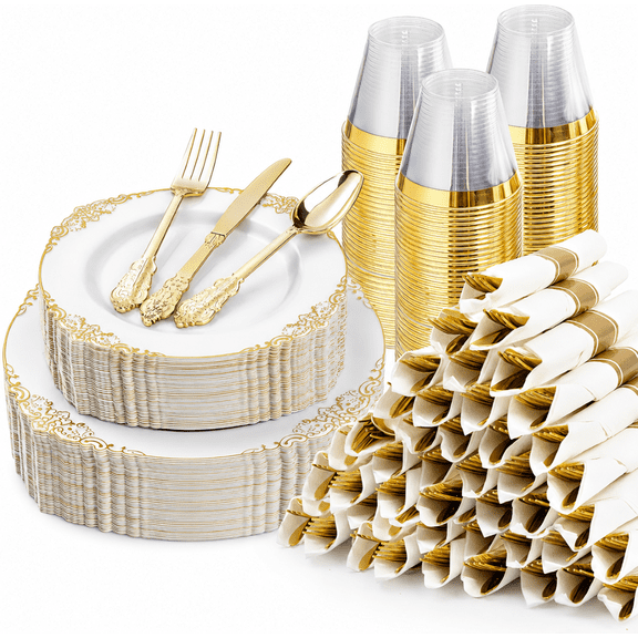 Goodluck 350 PCS Gold Rim Disposable Dinnerware Set for 50 Guests, Plastic Party Plates, Cups, Pre Rolled Napkins with Silverware for Wedding, Birthday