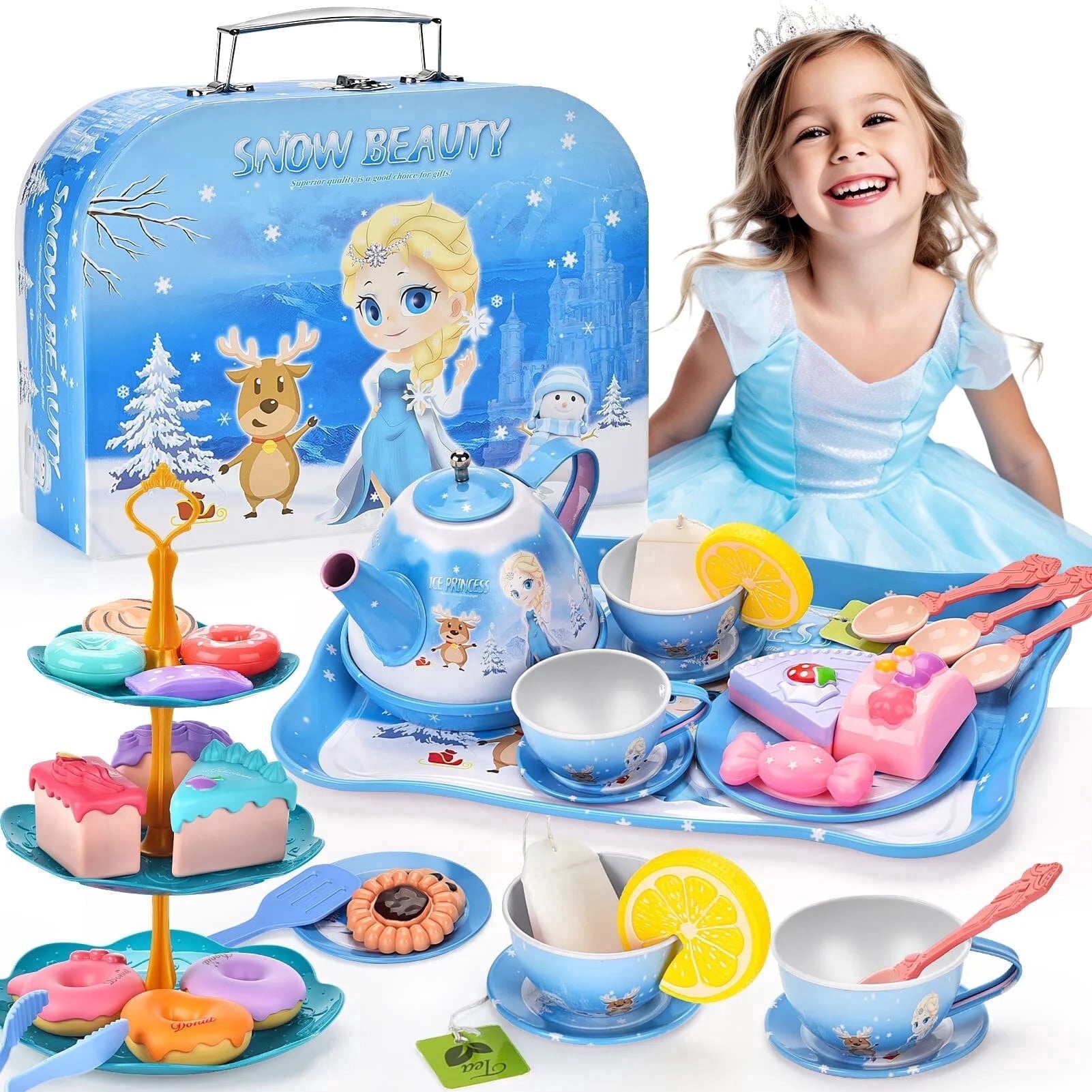 Kifunppy Frozen Tea Set for Girls Age 3-6, Pretend Play Kitchen