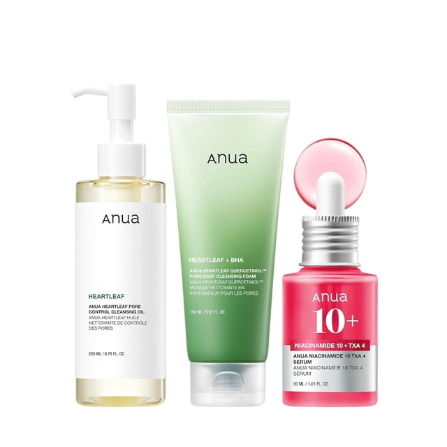 Anua 3-Step Glass Skin Beginner Set, Double Cleansing with Facial Serum 30ML, Oil Cleanser 150ML & Face Wash with Heartleaf 200ML, Daily Routine with Niacinamide