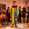 thumbnail image 5 of RUINIXCW Funny Halloween Clown Costume for Adult Mesh Collar Dot Stripe Print Long Sleeve Jumpsuit with Pom-pom, 5 of 8