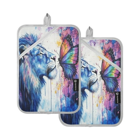 

Two Pieces Of Square Heat Insulation Pad Oven Mitts 7x9.8 Inch Oven Microwave Kitchen Cooking Baking Colorful Lion and Butterflies