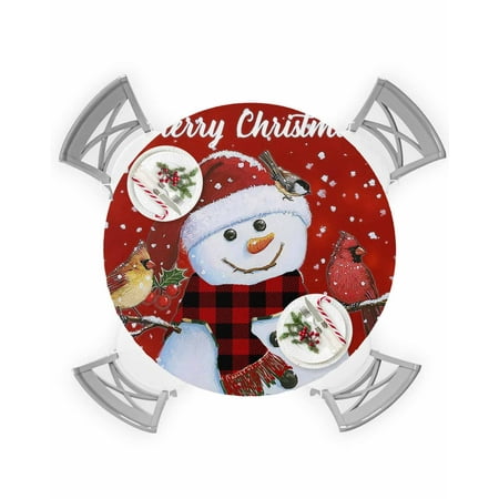 

Round Tablecloth with Elastic Merry Christmas Snowman Bird Red Background Waterproof Stain-proof Table Cover Wipeable Fitted Table Cloths for 36 -44 Round Tables Dining Kitchen Indoor Outdoor Use