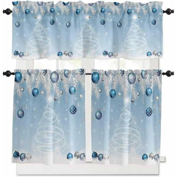 Blue Christmas Kitchen Curtains and Valances Set, Rod Pocket Curtains Tier Farmhouse Window Curtains 36 Inch Length, Winter Xmas Pine Tree Snowflake Ball 3 Piece Kitchen Curtains Set