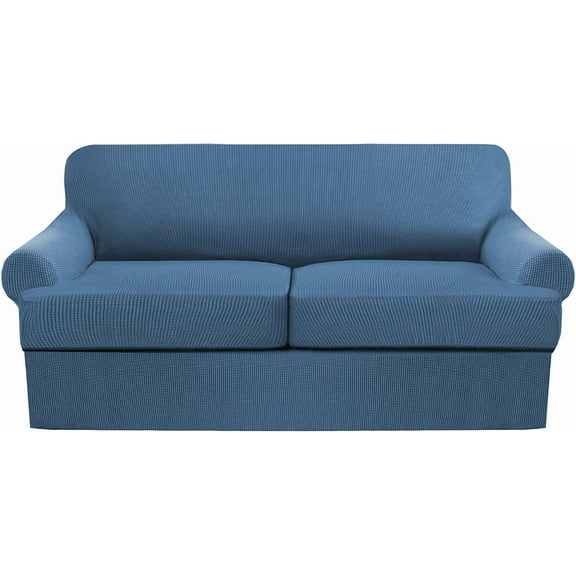 3 Piece T Cushion Sofa Slipcovers Thick Couch Cover Furniture Protector Stretch T Cushion Sofa Covers for 2 Cushion Couch with 2 Individual T Cushion Covers Washable (Blue, Loveseat X-Large)
