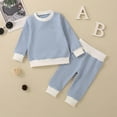 thumbnail image 2 of Hessimy Toddler Baby Boy Girl Outfit Turkey Embroidery Striped Waffle Knit Long Sleeve Sweatshirt And Pants Set Soft Fleece Sets For Cool Winter Evenings (Light Blue,18-24 Months), 2 of 8