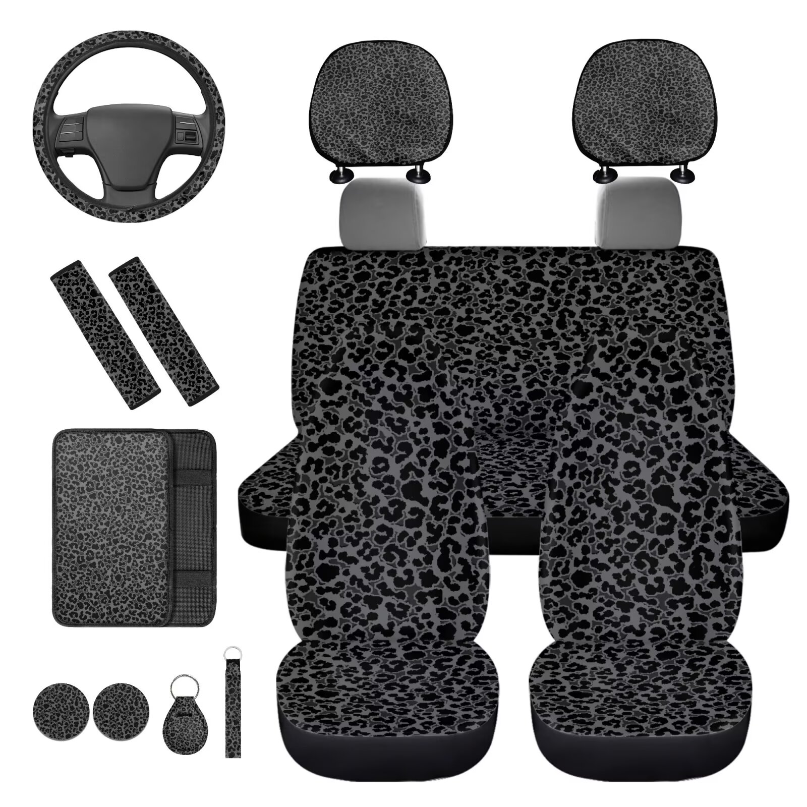 HUIACONG Leopard Print Car Seat Cover Full Set for Women Black Cheetah Print Car Accessories with Steering Wheel Cover Armrest Cover Seat Belt Pads Headrest Cover Coasters Keychain 14 Pcs