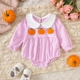 thumbnail image 2 of Staki Newborn Infant Baby Girl Halloween Outfits Embroidered Pumpkin Onesie Long Sleeve Smocked Bubble Romper 0-18M(Pink,0-3 Months), 2 of 8