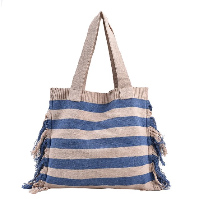 Bolsos de playa grandes para mujer Bolsos de hombro a rayas Bolso de hombro de tendencia con borlas
