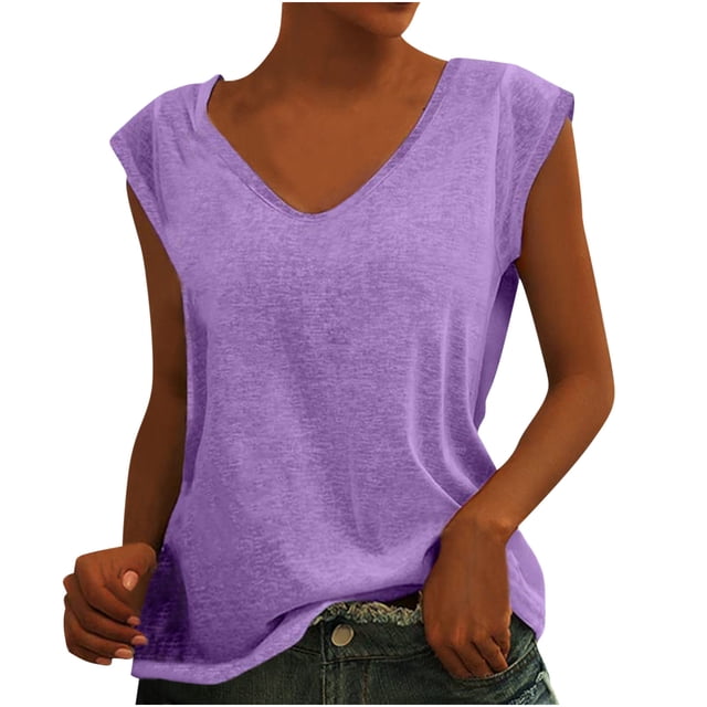 Pompotops Womens Solid Color Cap Sleeve Blouses T-Shirt Casual Loose Fit Basic Shirts Tank Tops