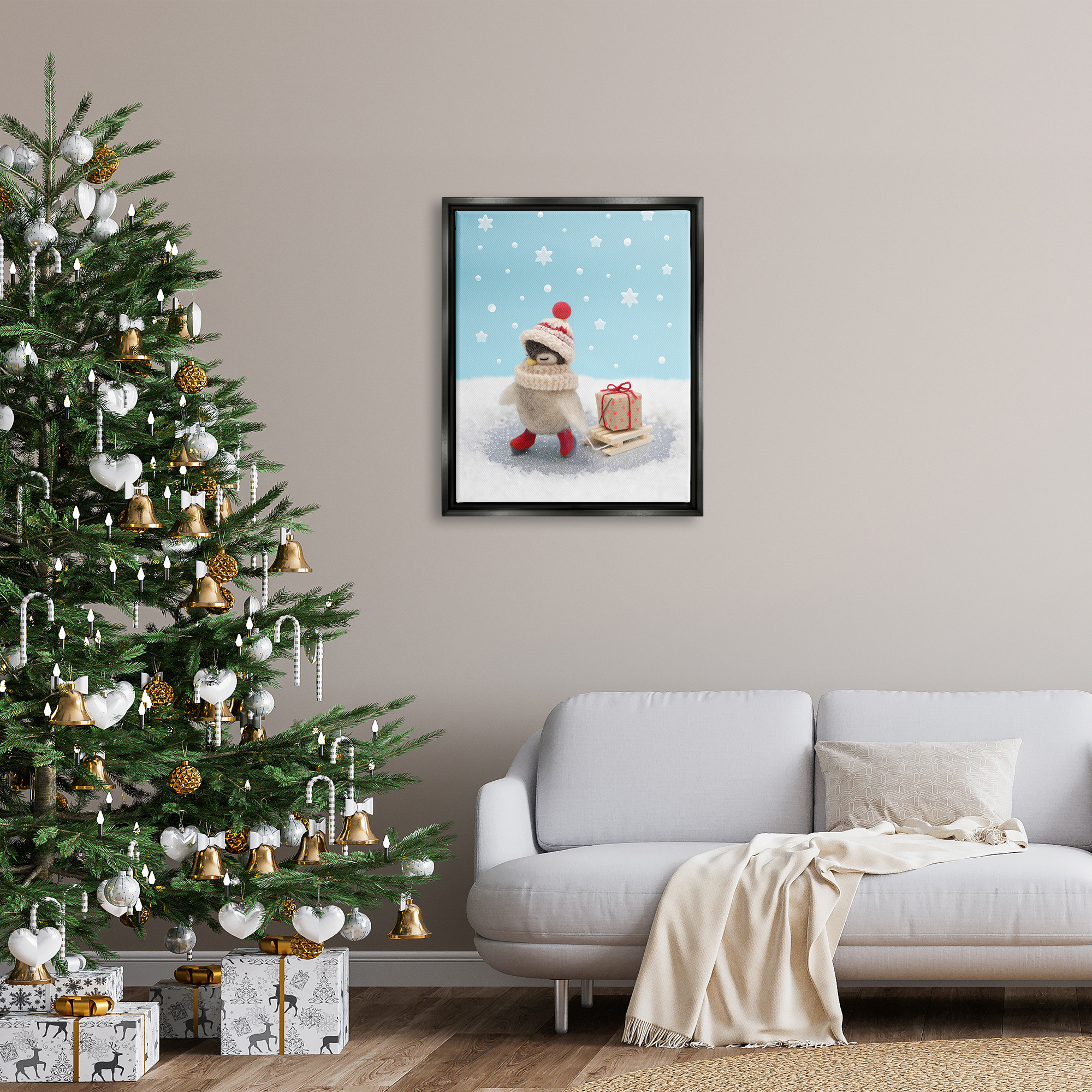 Stupell Industries Penguin Christmas Present Sled Holiday Photography Black Floater Framed Art Print Wall Art