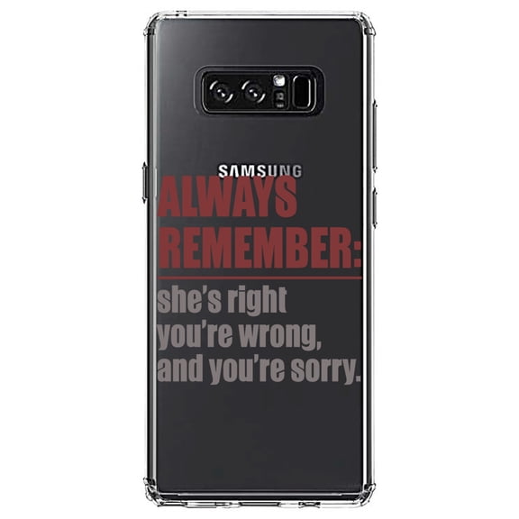 DistinctInk Clear Shockproof Hybrid Case for Samsung Galaxy Note 8 - TPU Bumper Acrylic Back Tempered Glass Screen Protector - Remember: She's Right You're Wrong