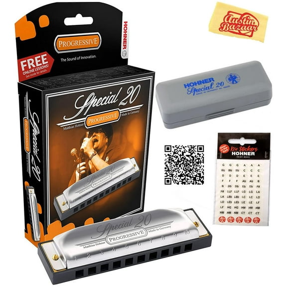 Hohner Special 20 Harmonica - Key of G Bundle with Carrying Case, Key Stickers, Online Manual, and Austin Bazaar Polishing Cloth