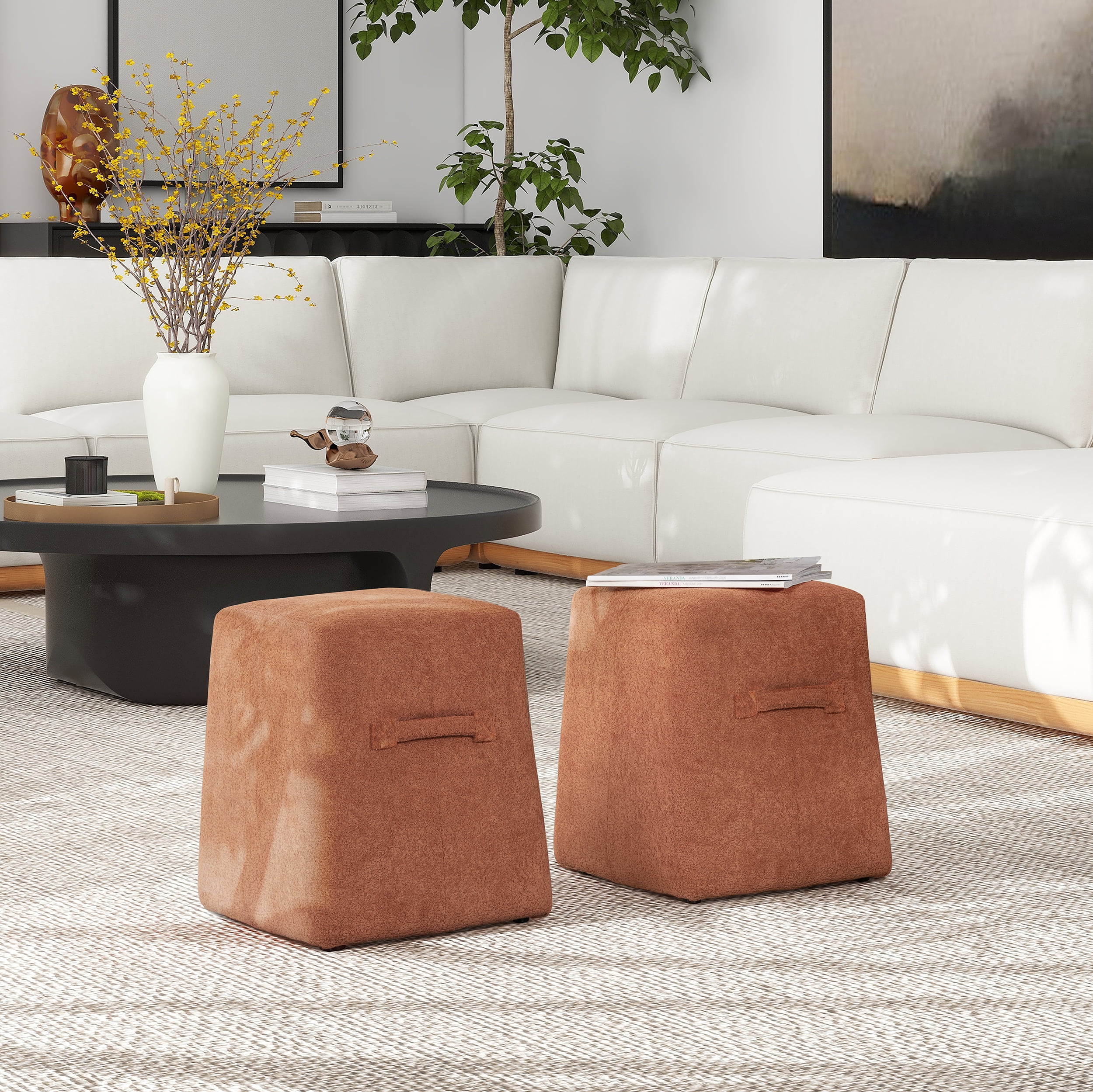 Ottomans With Storage Clyde 14" Tapered Square Upholstered Ottoman, Spice Orange,Living Room Ottomans