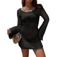 thumbnail image 4 of Womens Solid Color Crochet Lace Backless Long Sleeve Cover Up Sweater Beach Dress Summer Holiday Black S, 4 of 8