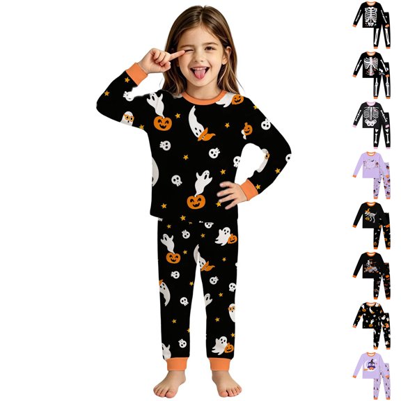 Kids Halloween Pjs Long Sleeve Crew Neck Unisex Graphic Loungewear Set Boys Pajama Size 2-10 Years