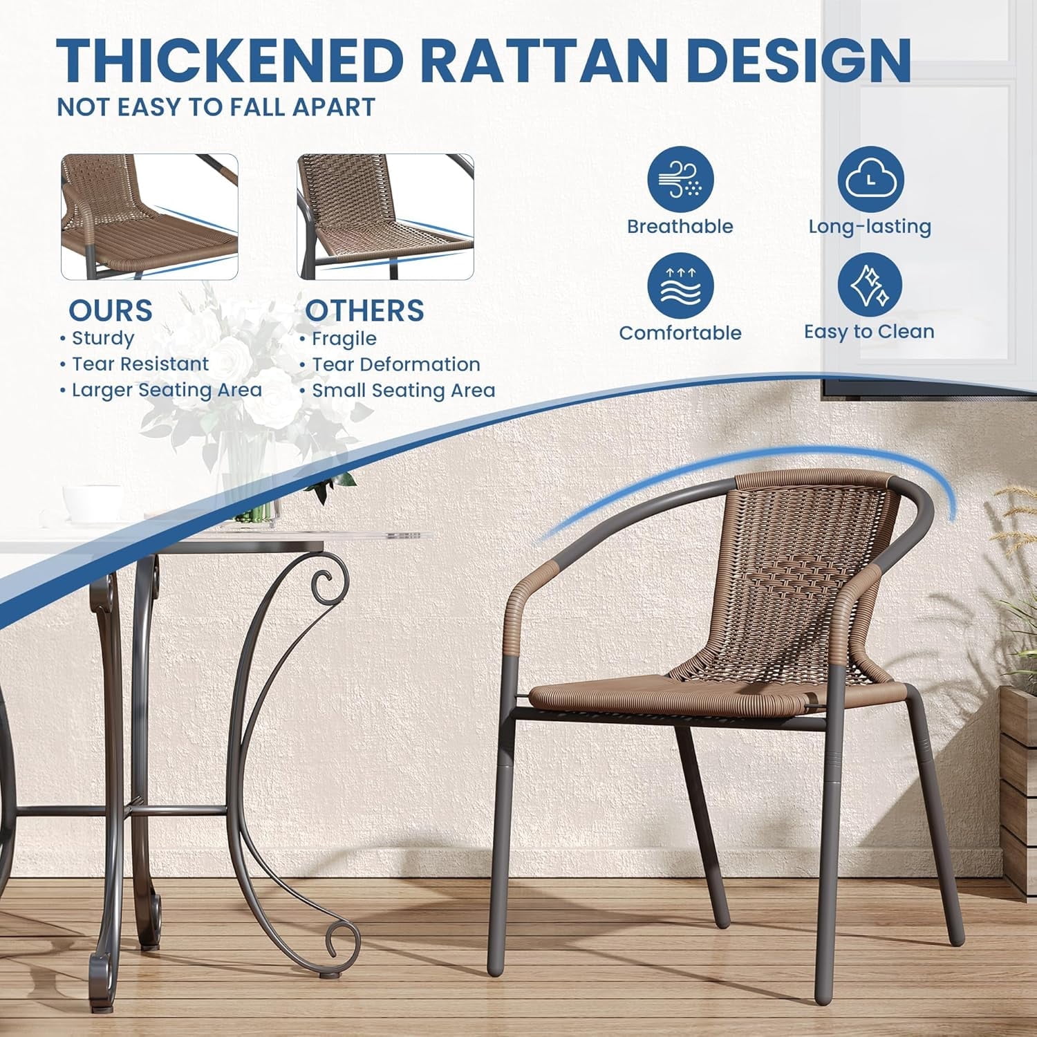UDPATIO Outdoor Dining Chairs Set of 4, Patio Chairs, Rattan Outdoor Dining Chairs Set, Rattan Indoor-Outdoor Chairs for Bistro, Deck, Backyard, Porch, Steel Frame & Rattan Seat (Brown)