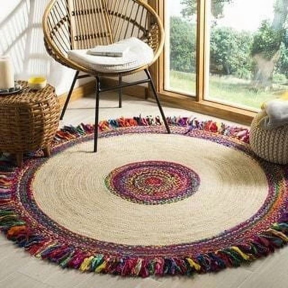 Indian Handwoven Braided Multi Color Cotton with Natural Jute Round Rugs ,Floor Decor Rugs Size 2 x 2 Feet Round ( 60 cm x 60 cm)