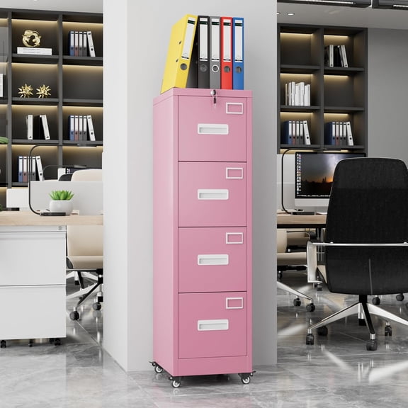 OCHAPA Rolling File Cabinet with Lock, 4-Drawer Mobile Storage for Home Office, Pink
