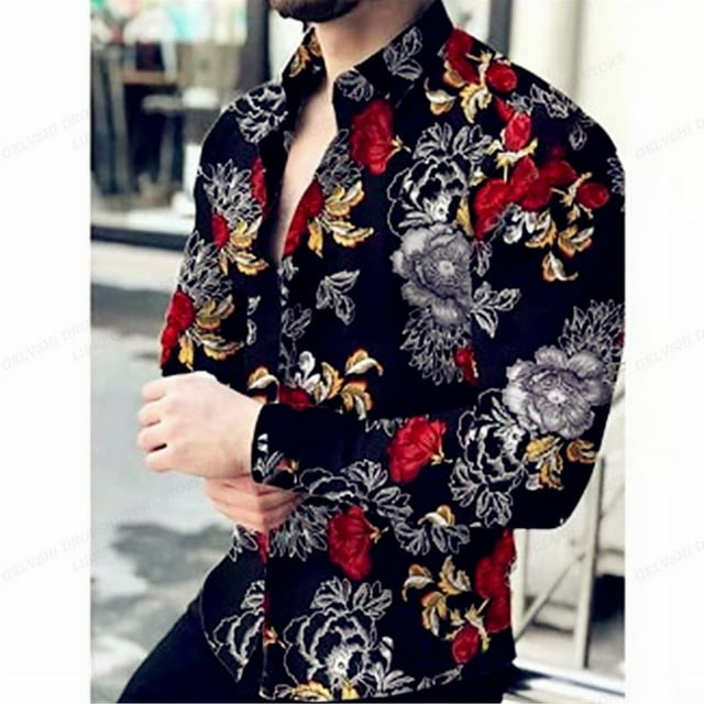 Camisas hawaianas de manga larga, camisas de moda para hombre, blusas florales, blusas playeras cubanas, camisas con cuello vuelto, camisas con flores y botones