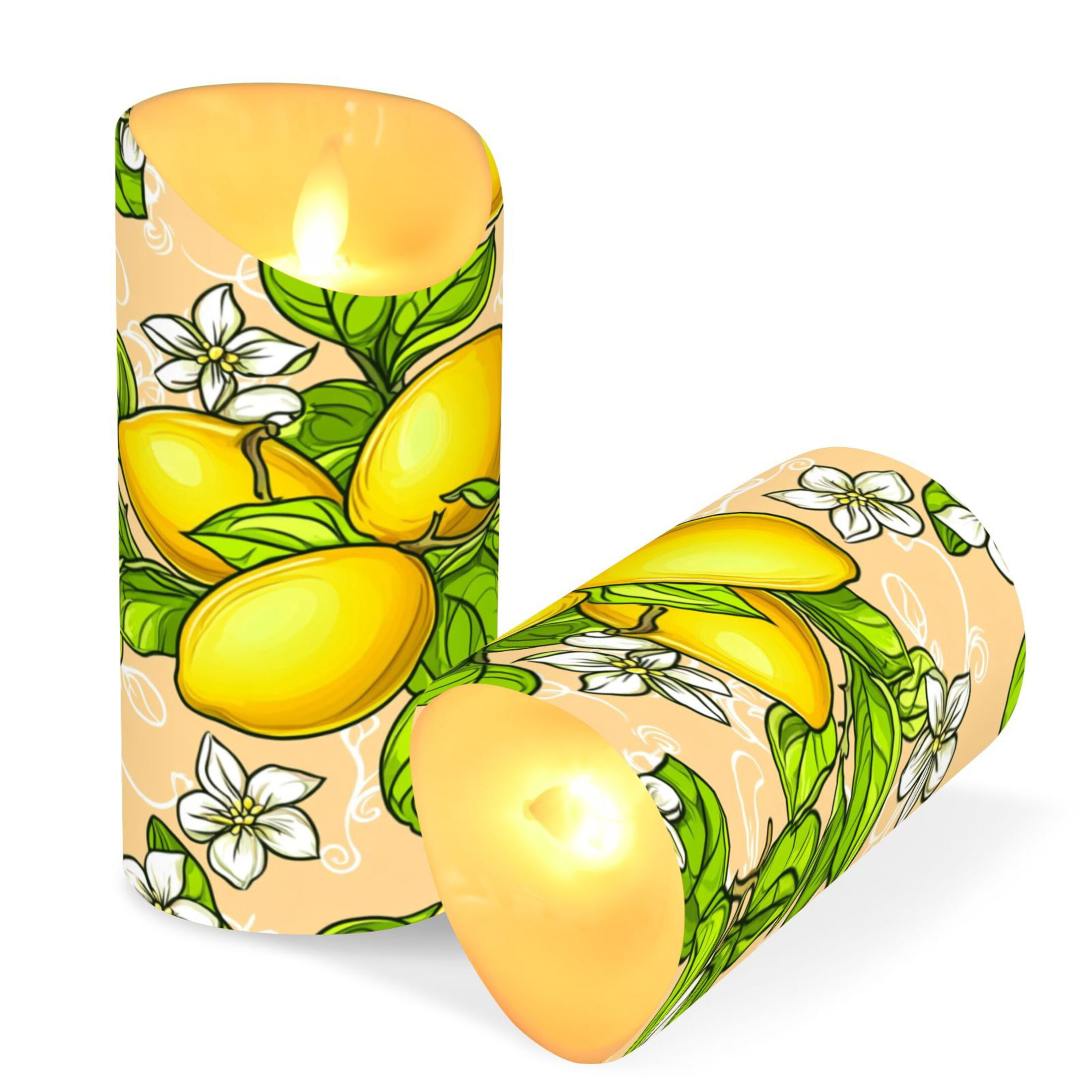 Lemon Blossoms Flameless Candles 2 PCS with Remote Realistic Moving Flame LED Tapered Pillar Set for Home Decor