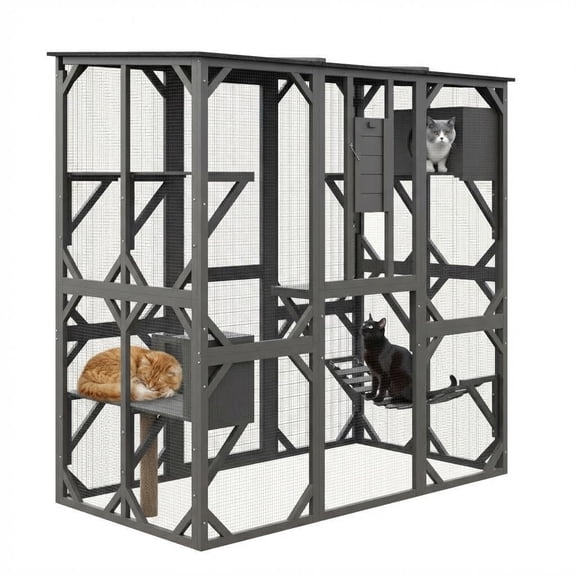 Accreate 70 Inch Large Wood Catio Outdoor Cat Enclosure with Waterproof Roof, Walk-in Cat House with Asphalt Roof, Scratch Post & Bridge for Cats, Patio Enclosure in Dark Grey