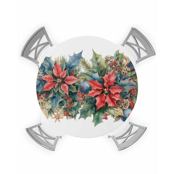 nqOlkjepod Blue Red Christmas Round Tablecloth, Fitted Table Cover with Elastic for 55"-60" Round Tables, Poinsettia Xmas Botanical Table Cloth Outdoor Indoor Dinning Party Waterproof Tablecloths
