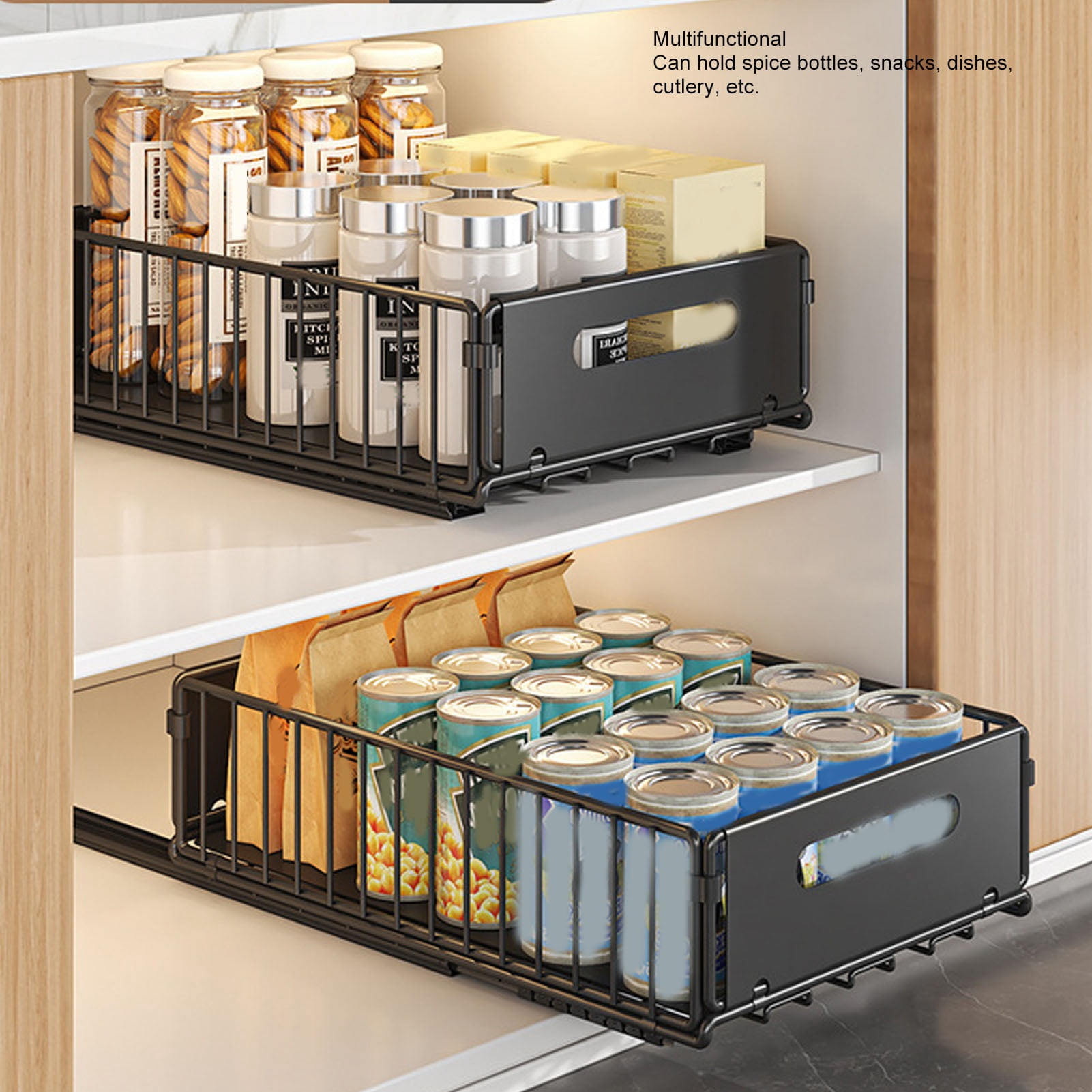 YAHHU 2PCS Pull Out Cabinet Organizer Metal Flexible Multifunctional Pull Out Spice Rack for Under Sink Kitchen Short Black (15.35 inches / 39 cm)