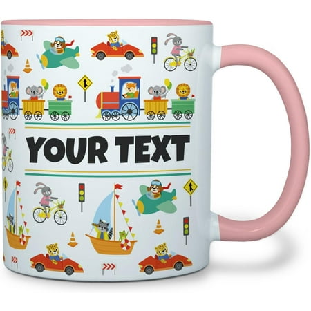 

Personalized Mug for Kids - Vehicles Custom Name/Text Ceramic Hot Chocolate/Cocoa/Coffee Cup Customized Gift Idea for Boys/Girls/Children Birthday/Christmas/Holiday Present 11 Oz Pink