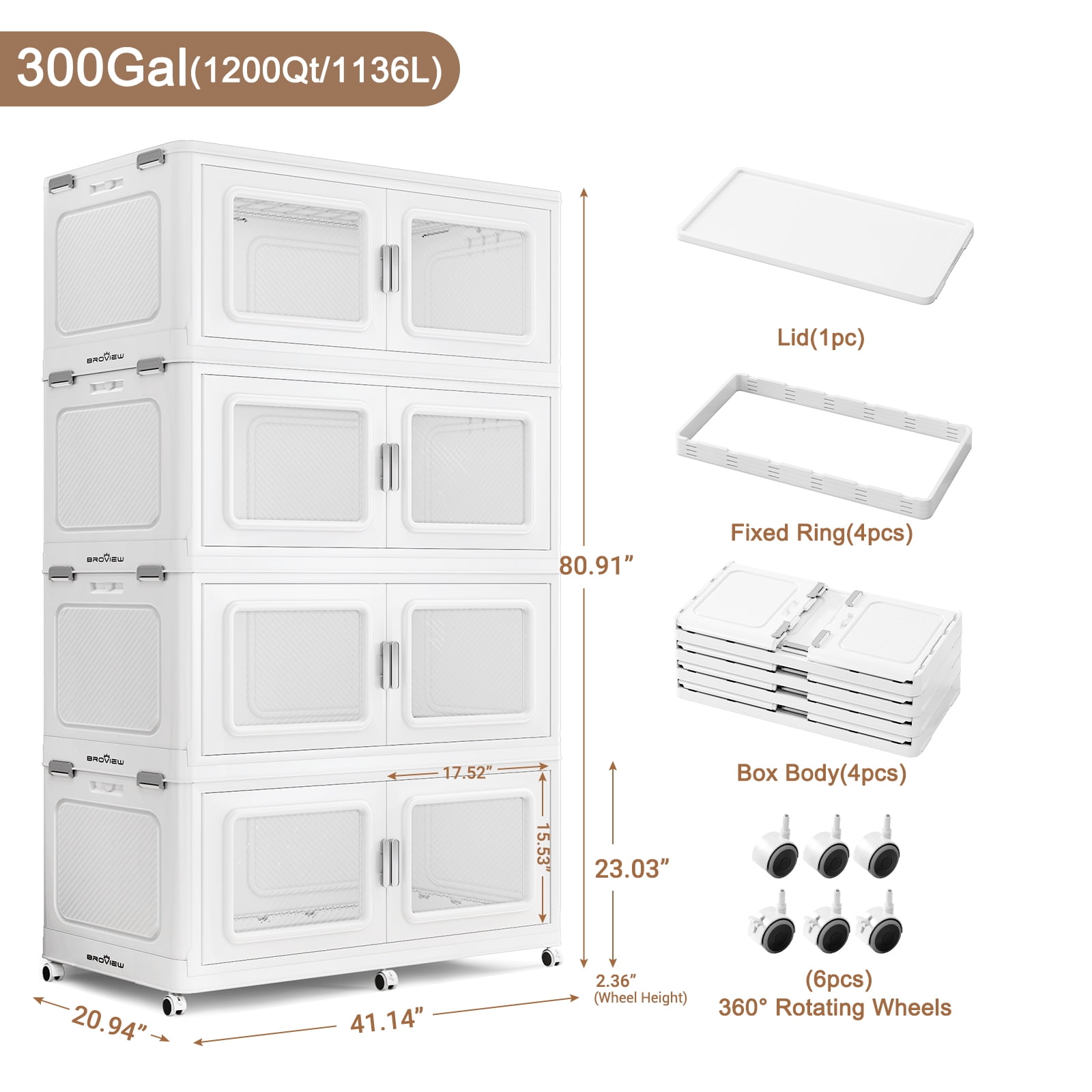 1200Qt Extra Large Stackable Storage Bins with Lid, 300Gal Collapsible Closet Organizer and Storage Drawers with Wheels, Plastic Storage Box, 4Packs, White