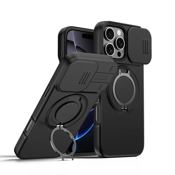 Dteck Protective Phone Case for iPhone 13 Pro Max,Shockproof TPU PC Case Slide Camera Cover 360° Ring Stand Back Cover, Black
