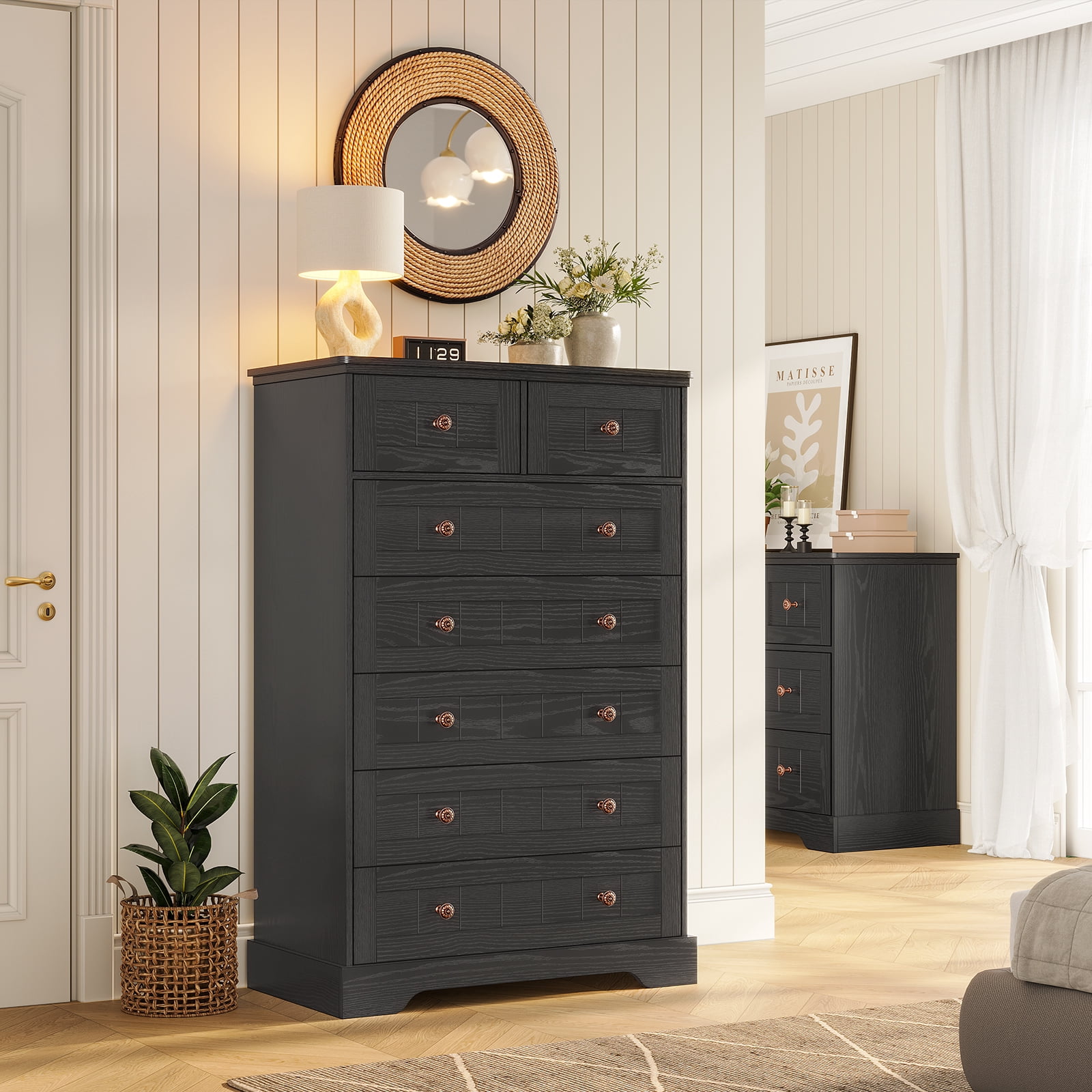 Black Dresser with 7 Drawers for Bedroom Farmhouse 51" Tall Dresser with Wide Drawers and Handles, Wood Storage Cabinet for Living Room