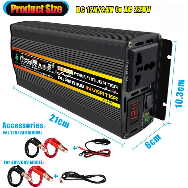 Yinleader 3000 Watt Pure Sine Wave Power Inverter 12V to 110V DC to AC with  Remote Control LCD Display 4 AC Sockets 4 USB Ports 