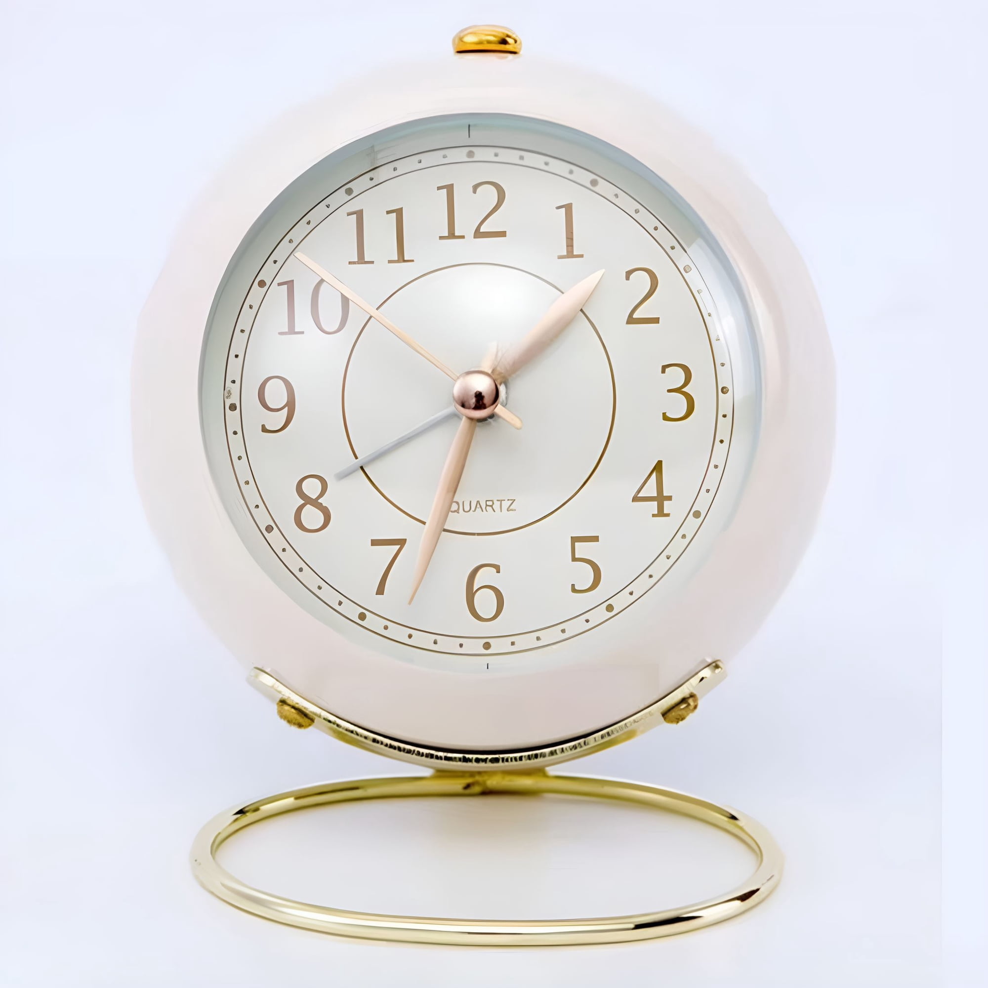 DESIGNICE Metal Desk Clock,Retro Bedroom Table Vintage Analog Alarm Clock,Silent Non-Ticking Gold Clock,Bedside Décor (Milk White)