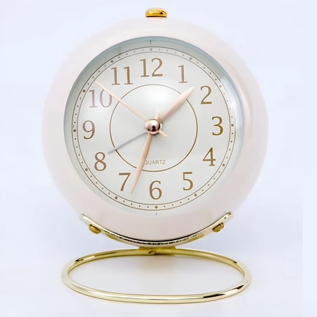 DESIGNICE Metal Desk Clock,Retro Bedroom Table Vintage Analog Alarm Clock,Silent Non-Ticking Gold Clock,Bedside Décor (Milk White)