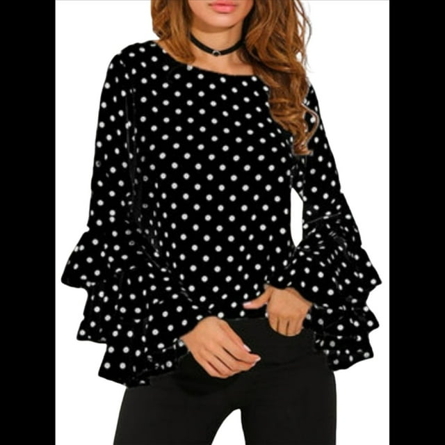 Blusa de con Mangas Acampanadas y Lunares para Mujer, Talla Grande, con Mangas Plegadas Negro L