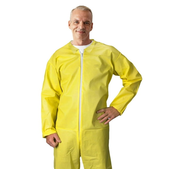 Disposable Hazmat Suits, 2X-Large. Pack of 5 Yellow Coveralls. 82 GSM Polyethylene Polypropylene Lab Coveralls. Painters Suit With Open Cut Wrists & Ankles, Long Sleeves