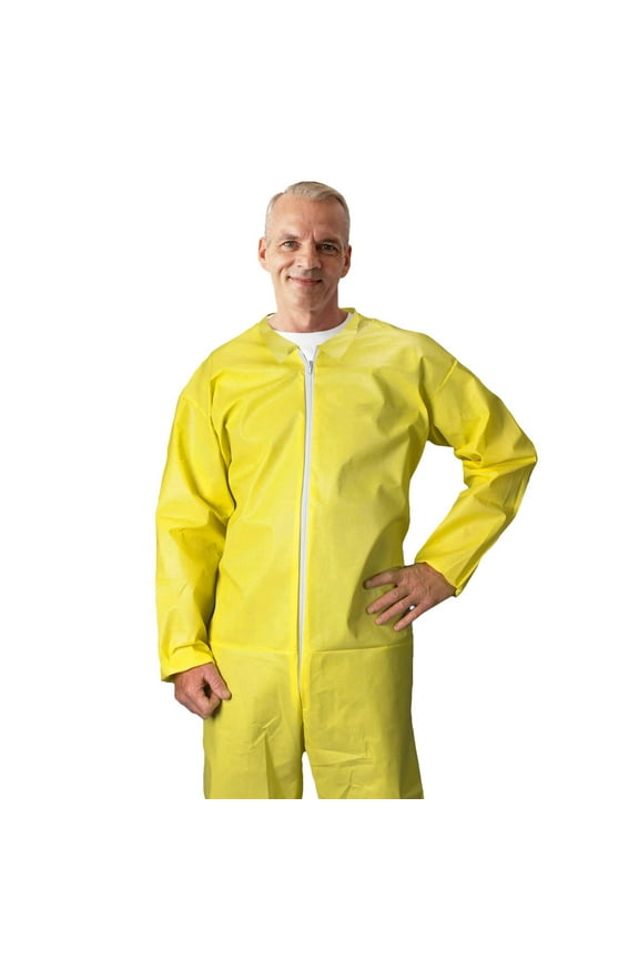 Disposable Hazmat Suits, 2X-Large. Pack of 5 Yellow Coveralls. 82 GSM Polyethylene Polypropylene Lab Coveralls. Painters Suit With Open Cut Wrists & Ankles, Long Sleeves