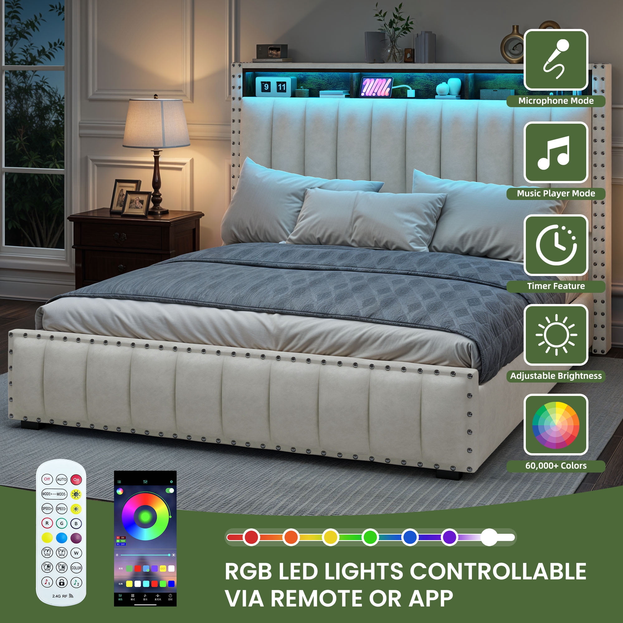 Uforic Full Size Lift Up Bed Frame with LED Lights & Power Outlets, Storage Bed with Upholstered Headboard, Beige