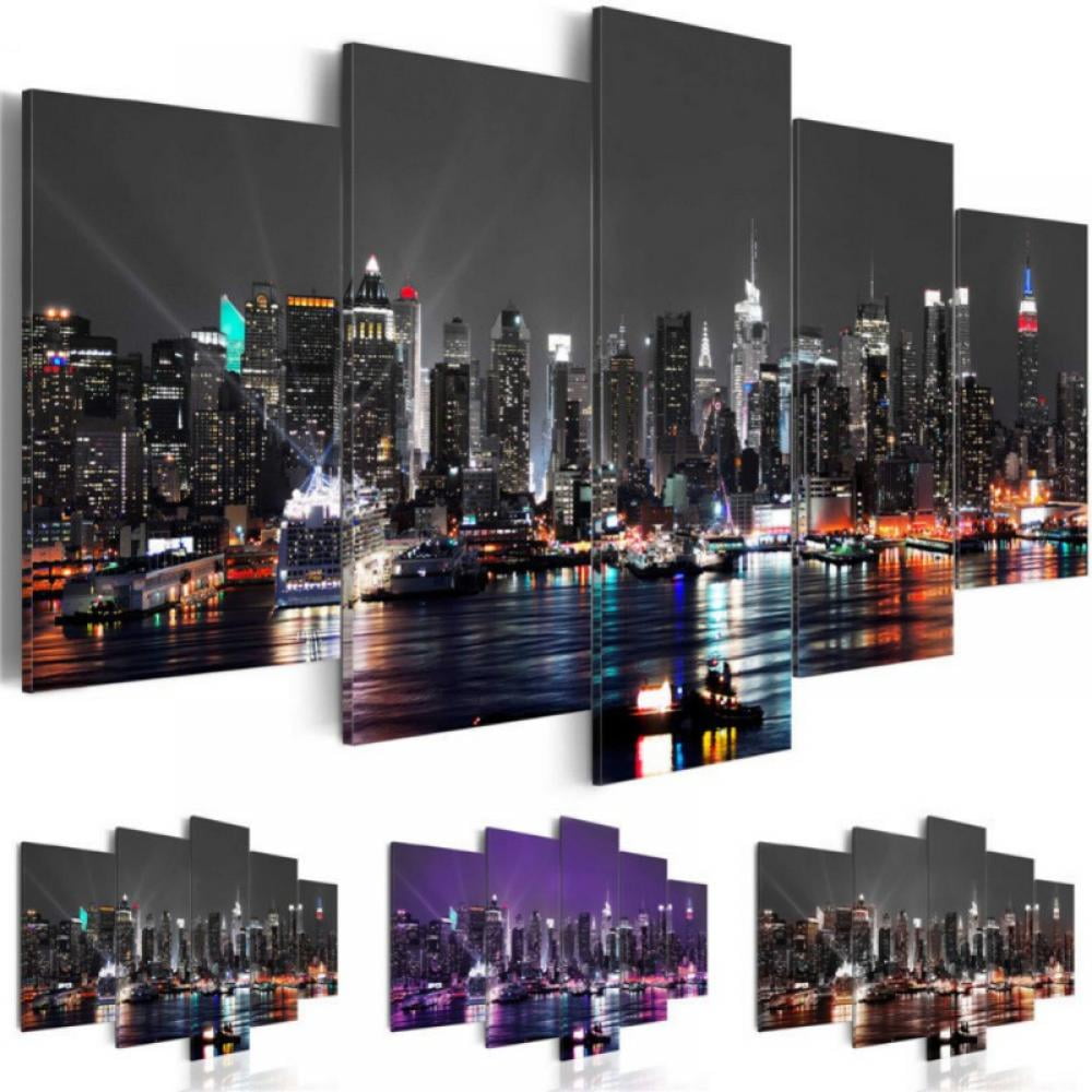 New York City Canvas Wall Art Manhattan Skyline at Light Night Picture