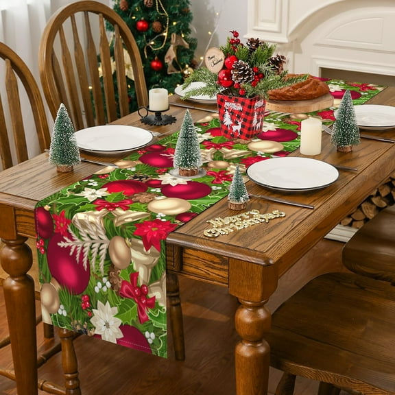 SUNOLIFE Merry Christmas Table Runner Xmas Balls Kitchen Dining Table Decorations 13 x 72 Inch