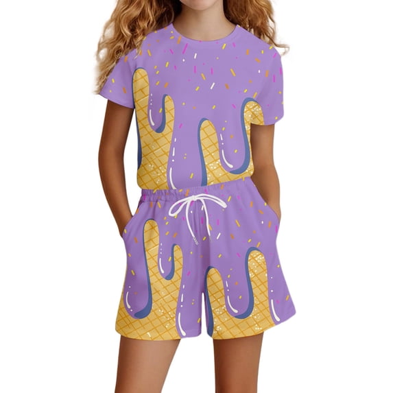 REDARER Girls Summer Outfits Casual Ice Print Short Sleeve Shorts Set Playful Toddler Matching Outfit for Daily Wear,6-7 Years